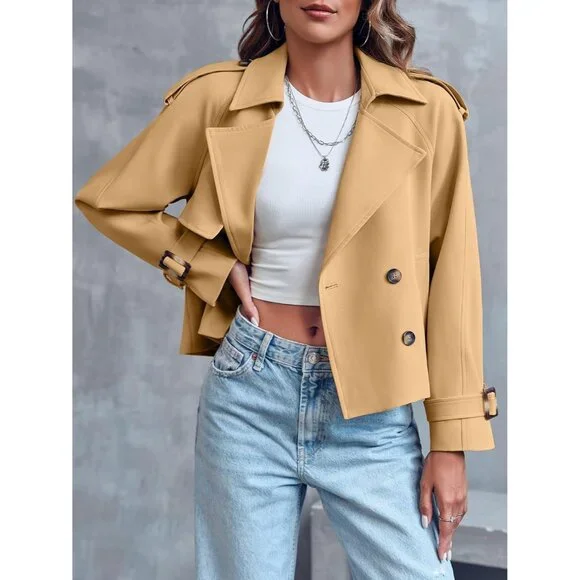 Women's Khaki Crop Double Breasted Trench Coat Raglan Sleeve Cropped Jacket - Picture 2 of 6